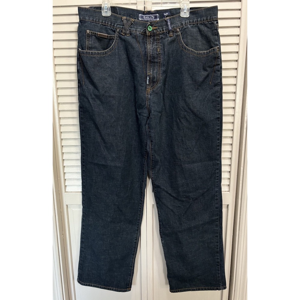 lr Jeans Dark Blue Straight Wide Leg Stitching Embroidered Logo Zip Jean Size 40